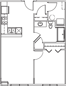 Floor plan for 1 bed, 1 bath, 760 sqft
